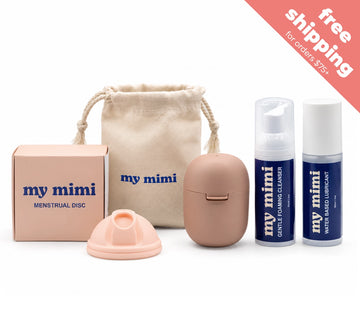 My Mimi menstrual care kit on a white background, including a pink box, beige drawstring pouch, peach silicone cup, peach case, and two blue-and-white bottles of cleaner and lubricant. A red corner banner says 'free shipping for orders $35+'.