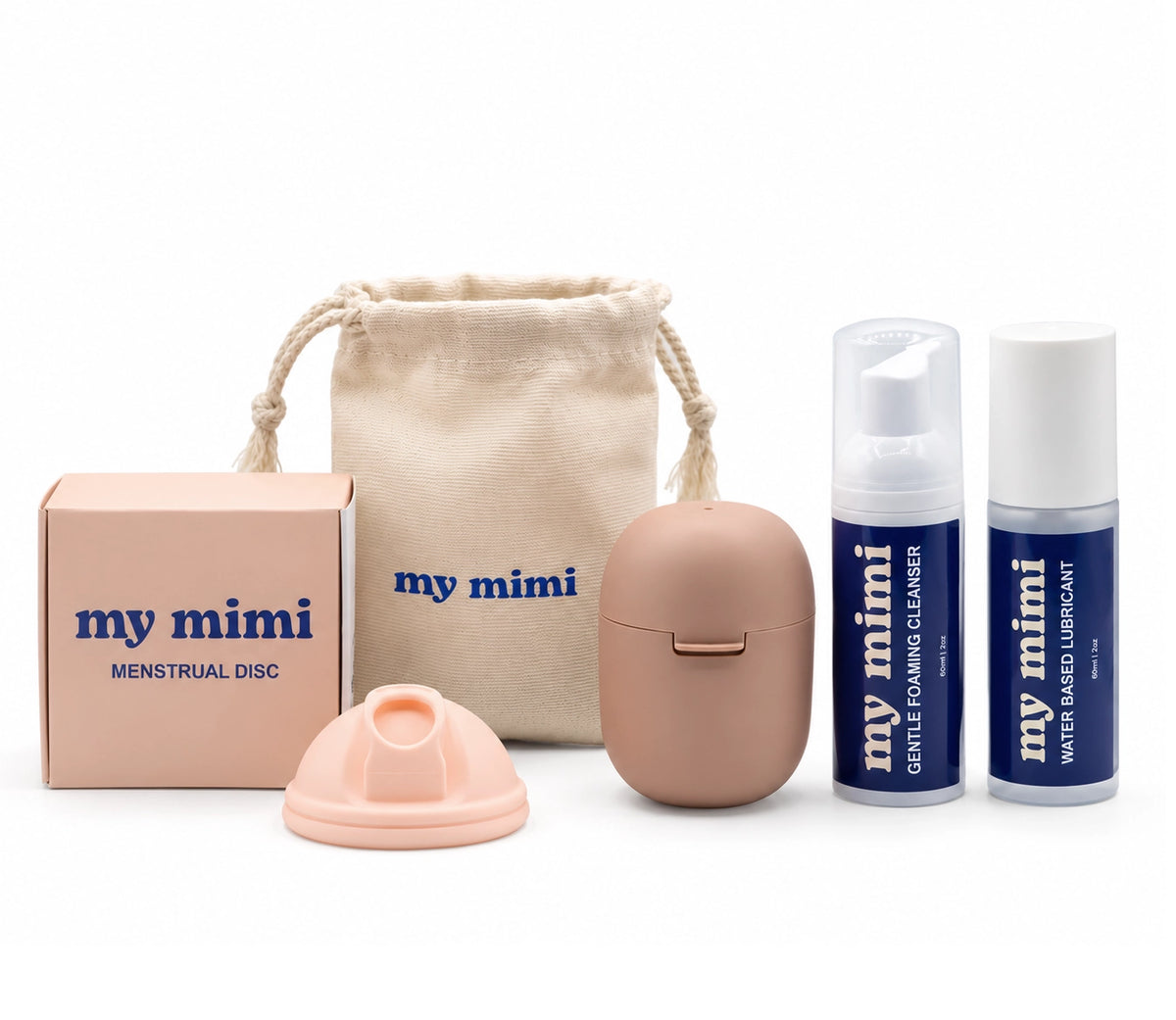 My Mimi menstrual care kit on a white background, including a pink box, beige drawstring pouch, peach silicone cup, pink cap, and two blue-and-white bottles of cleanser and water-based lubricant.