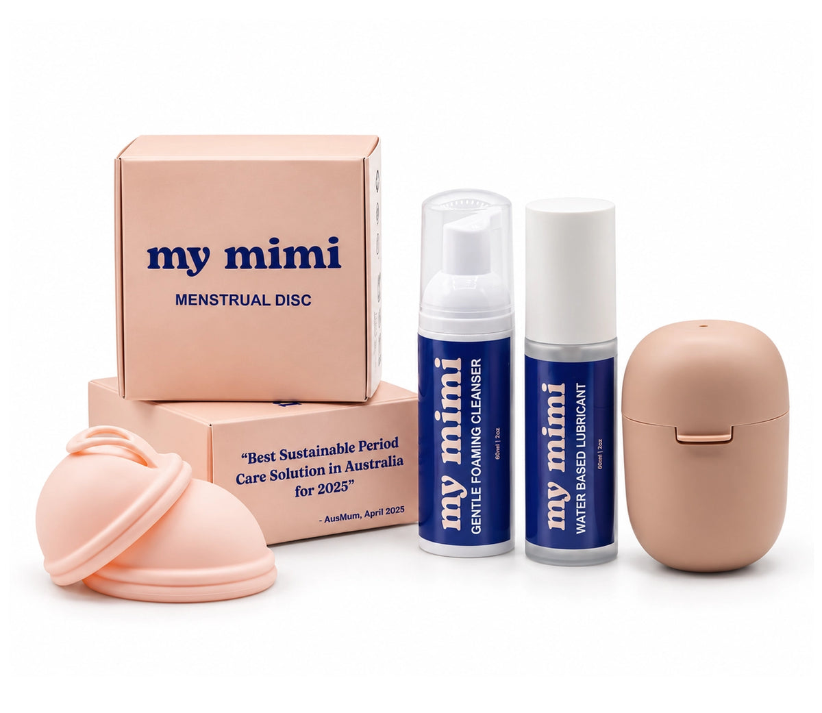 My Mimi menstrual care kit on a white background, including a peach-colored silicone cup, two blue-and-white bottles of cleansing and lubricating liquid, a peach box, and a peach case.