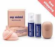 My Mimi menstrual care kit with a peach-colored box, two blue-and-white bottles, a peach menstrual disc, and a peach charging case on a white background with a red 'free shipping' banner.
